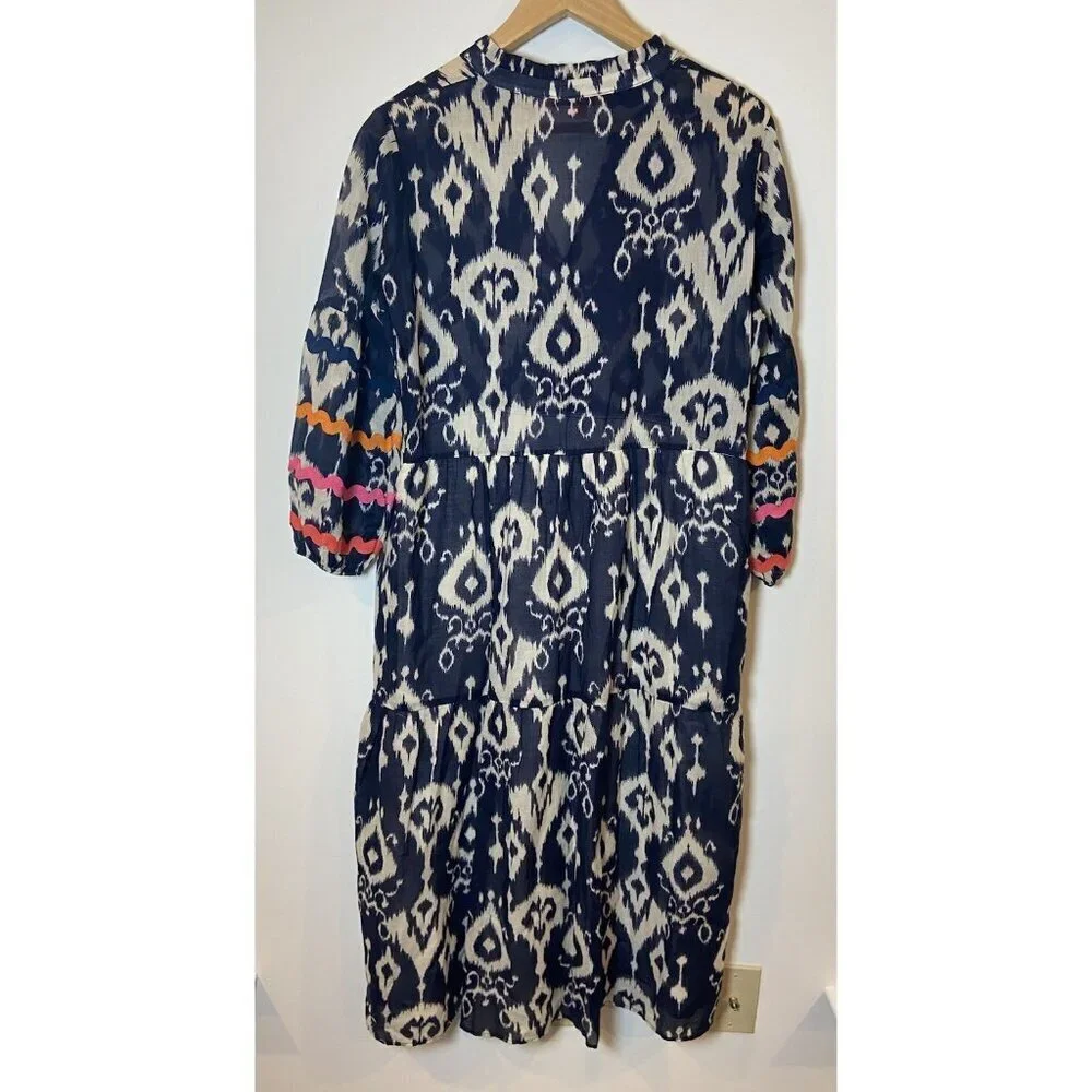 Vilagallo Tammy Ikat Midi Dress Tiered Puff Sleeves Navy Pink Orange 42 L - Picture 5 of 7